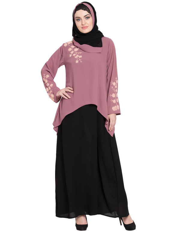 Modest contrast Double layer hand work a line Abaya Light Purple Women Online shopping USA